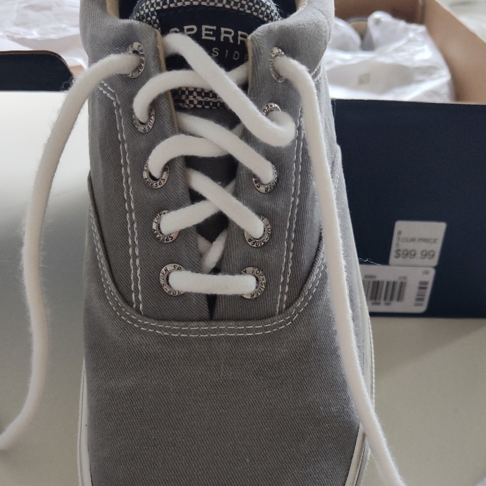 Sperry Gray Boat Shoes with Classic White Laces